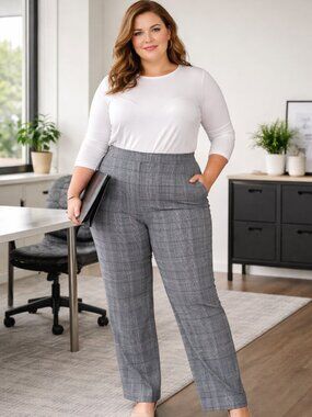George 3XL Plus Neutral, beige, black with subtle red Glen Plaid Trousers